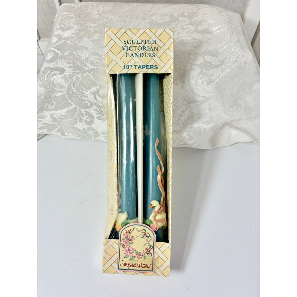 VTG Impressions Sculpted Victorian Teal Taper Candles Hand Painted Swan Pair